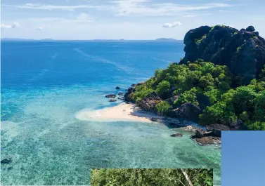  ??  ?? THIS PAGE (clockwise from left) Take a picnic to Little Vomo as part of your stay at Vomo Island Fiji. Dine on the floating pontoon at Dolphin Island. A bure at Matangi Private Island Resort, tucked into the rainforest.