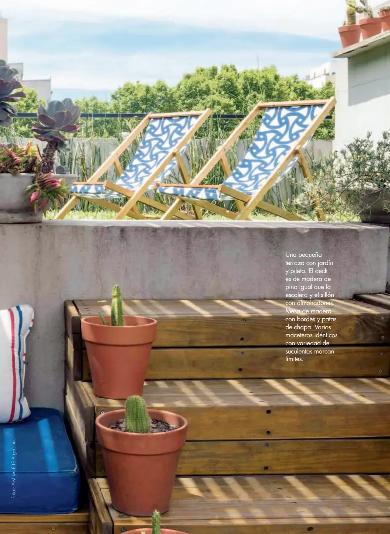  ??  ?? Una pequeña terraza con jardín y pileta. El deck es de madera de pino igual que la escalera y el sillón con almohadone­s. Mesa de madera con bordes y patas de chapa. Varios maceteros idénticos con variedad de suculentas marcan límites.