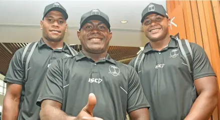  ?? Photo: Waisea Nasokia. ?? From left: Fiji Airways 10’s rugby rep Ifereimi Tovilevu, Ratunaisa Navuma and Timoci Sauvoli at the Nadi Internatio­nal Airport on February 7, 2018.