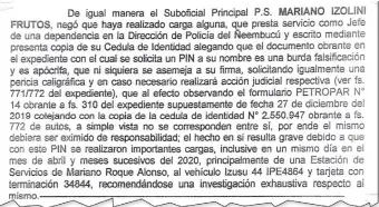  ??  ?? 2- El nombre del suboficial principal Mariano Izolini fue usado para desangrar una tarjeta.