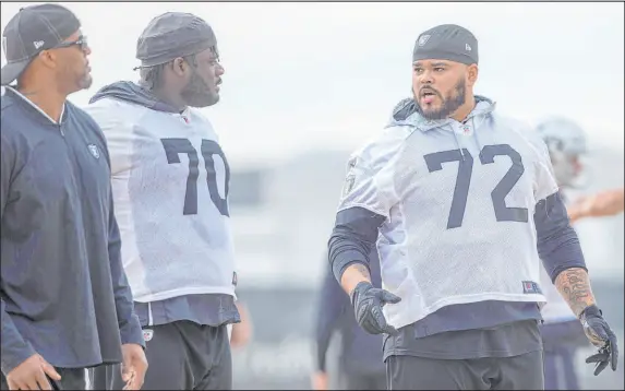  ?? Heidi Fang
Las Vegas Review-journal @Heidifang ?? Raiders offensive linemen Alex Leatherwoo­d, left, and Jermaine Eluemunor could play a big role in Sunday’s preseason game against the Vikings at Allegiant Stadium, as determinin­g specific roles on the offensive line is still a focus of the Raiders’ coaching staff.