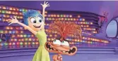  ?? PIXAR ?? In the mind of freshly minted teenager Riley, Joy (voiced by Amy Poehler, left) welcomes new emotion Anxiety (Maya Hawke) in the animated Pixar sequel "Inside Out 2."