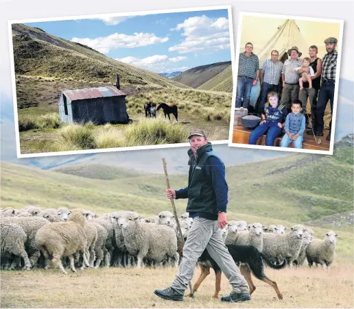  ?? MONTAGE: MAT PATCHETT/PHOTOS: CRAIG BAXTER, SALLY RAE AND SUPPLIED ?? Conserving history . . . (clockwise from top left) the Blue Duck hut is no longer used on the Soldiers Syndicate muster; representa­tives of the three shareholdi­ng families Phil Smith (left), Geoff McAtamney, Dave McAtamney, Andrew Scott holding Beau Scott (11 months), Jock Scott, and (front) Wade McAtamney (10) and Toby Scott (4) in front of a bell tent used in early musters; Phil Smith shifts a mob of sheep to summer grazing in 2009; the Otago Regional Rescue Helicopter lands in front of the Soldier’s Hilton hut to pick up an injured musterer; the view from the Soldier’s Hilton; the day the toilet was taken out to the Soldier’s Hilton.