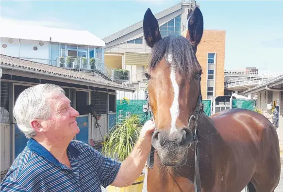  ??  ?? Trainer Brian Smith with Rough Habit Plate and Queensland Derby hopeful Order Again.