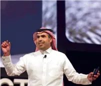  ?? AFP ?? Saudi artist Ahmed Mater presents his work on stage during the Unesco NGO Forum in Riyadh. —