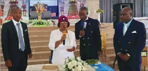  ?? ?? L-R: Pastor Akin Adefuye, Pastor Mrs Emily Ola- Ojo, immediate past General Overseer, Jesus is Light Ministries; Pastors Knowledge Akataka and Elozie Nwani