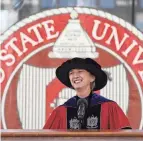  ?? JOSHUA A. BICKEL/COLUMBUS DISPATCH ?? Ohio State University President Kristina M. Johnson speaks during spring commenceme­nt at the Ohio Stadium last year.