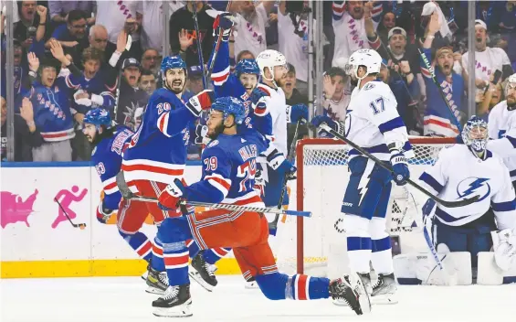  ?? DENNIS SCHNEIDLER/USA TODAY ?? Rangers defenceman K'andre Miller celebrates his goal against Tampa Bay during Game 2 of the Eastern final Friday at Madison Square Garden in New York.