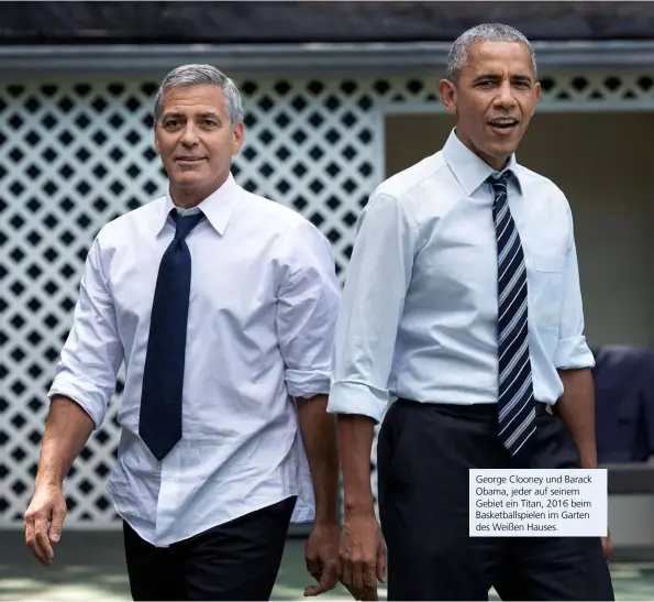  ??  ?? George Clooney und Barack Obama, jeder auf seinem Gebiet ein Titan, 2016 beim Basketball­spielen im Garten des Weißen Hauses.