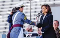  ?? ?? US Vice-president Kamala Harris hands diplomas to cadets during the 2023 graduation ceremony at the US Military Academy West Point, New York, on Saturday. — afp