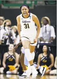  ?? Tony Gutierrez / Associated Press ?? California center Kristine Anigwe celebrates sinking a basket against North Carolina in the second half of a first round women's college basketball game in the NCAA Tournament in Waco, Texas, on March 23.