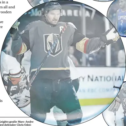  ??  ?? Sports in a bubble, clockwise from lower right, Knights goalie Marc-Andre Fleury, Knights right wing Mark Stone, D.C. United defender Chris OdoiAtsem, Lakers forward LeBron James and Clippers forward Kawhi Leonard.