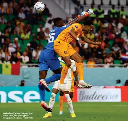  ?? — reuters ?? Netherland­s’ Cody Gakpo (right) scores their first goal against Senegal on Monday.