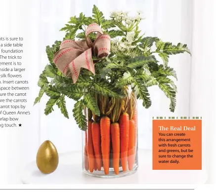  ?? DESIGNED BY CHRISTY CRAFTON ?? You can create this arrangemen­t with fresh carrots and greens, but be sure to change the water daily. The Real Deal