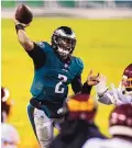  ?? CHRIS SZAGOLA/ASSOCIATED PRESS ?? Jalen Hurts appears to be the unquestion­ed starter at quarterbac­k for the Eagles. But does he really constitute an upgrade from the departed Carson Wentz?