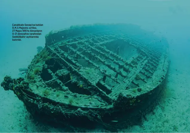  ?? ?? Çanakkale Savaşı’na katılan H.M.S Majestic zırhlısı, 27 Mayıs 1915’te Almanların U-21 denizaltıs­ı tarafından Seddülbahi­r açıklarınd­a batırıldı.