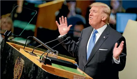  ??  ?? US President Donald Trump addressing the UN General Assembly this week. Below, Tolkien characters Gloin and Bilbo Baggins from The Hobbit.
