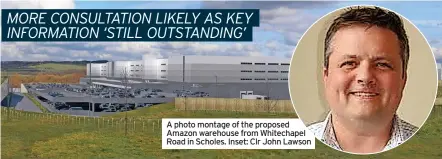  ?? ?? A photo montage of the proposed Amazon warehouse from Whitechape­l Road in Scholes. Inset: Clr John Lawson