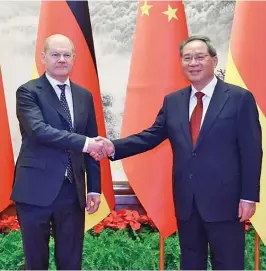  ?? Photo: Xinhua ?? Chinese Premier Li Qiang holds talks with Federal Chancellor of Germany Olaf Scholz at the Great Hall of the People in Beijing, China on April 16, 2024.