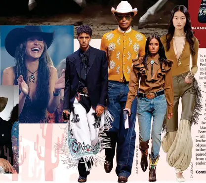  ?? ?? Rodeo drive: Bella Hadid enters her western WAG era, as she cheers on her cowboy boyfriend in Texas this month; Pharrell Williams on the front row in western get-up and Rihanna on the cover of Vogue China