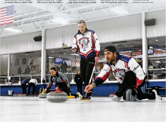  ?? JIM MONE/ASSOCIATED PRESS ?? Former Minnesota Vikings defensive end Jared Allen (right) practices with his curling team in Blaine, Minn., under the supervisio­n of coach John Benton, a former Olympian. Allen retired from the NFL in 2015 and wasn’t ready to give up on the competitio­n he’d come to enjoy. His solution: Make it to the 2026 Olympics in curling.