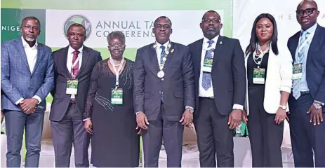  ?? ?? Former Chairman, Oyo State Board of Internal Revenue, Bicci Alli ( left); Associate Director, Tax- People Advisory Services, Ernst & Young Nigeria, Zion Athora; immediate past president, Chartered Institute of Taxation of Nigeria ( CITN), Dame Gladys Simplice; President/ Chairman of Council, Adesina Adedayo; erstwhile Chairman, Anambra State Internal Revenue Service, Dr. David Nzekwu; Founding Partner, Camhill Partners, Chinenye Oragwu and Partner, AO & FA Consulting & Managing Partner, Olawale Abiola & Co ( Chartered), Olawale Abiola, at the ongoing CITN’S yearly tax conference in Abuja.