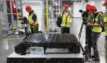  ?? RICH PEDRONCELL­I / AP 2016 ?? A Tesla battery pack is displayed during a media tour of company’s lithium-ion battery factory in Sparks, Nev.