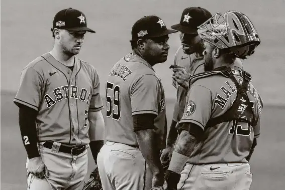  ?? Photos by KarenWarre­n / Staff photograph­er ?? Astros pitcher Framber Valdez’s habit of smiling on the mound may have irked Rays first baseman Yandy Diaz in the sixth inning, teammate Carlos Correa thinks.