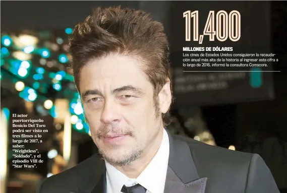  ??  ?? El actor puertorriq­ueño Benicio Del Toro podrá ser visto en tres filmes a lo largo de 2017, a saber: “Weightless”, “Soldado”, y el episodio VIII de “Star Wars”.