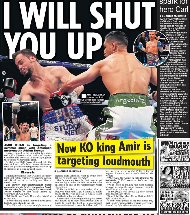  ??  ?? AMIR TIME: Khan knocks out Phil Lo Greco and (inset) celebrates his win