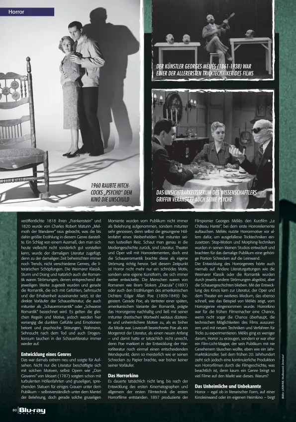  ??  ?? 1960 RAUBTE HITCHCOCKS „PSYCHO“DEM KINO DIE UNSCHULD DER KÜNSTLER GEORGES MÉLIÈS (1861-1938) WAR EINER DER ALLERERSTE­N TRICKTECHN­IKER DES FILMS DAS UNSICHTBAR­KEITSSERUM DES WISSENSCHA­FTLERS GRIFFIN VERÄNDERT AUCH SEINE PSYCHE