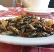  ??  ?? Crickets, also known as kamaru in Pampanga, is served in Everybody’s Cafe. Popular ways of preparing crickets include deep fried and as adobo.