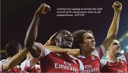  ??  ?? Arsenal are eyeing to break the club record of 14 consecutiv­e wins in all competitio­ns. AFP PIC