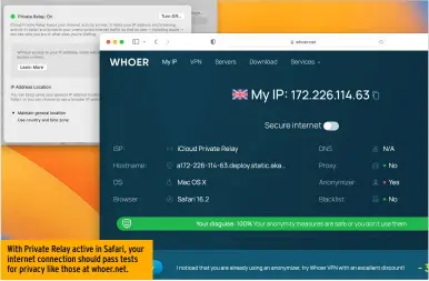  ?? ?? With Private Relay active in Safari, your internet connection should pass tests for privacy like those at whoer.net.