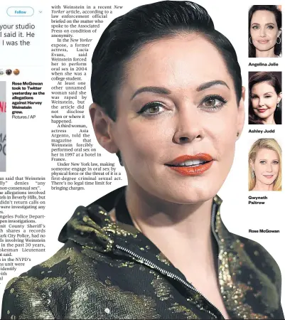  ?? Pictures / AP ?? Rose McGowan took to Twitter yesterday as the allegation­s against Harvey Weinstein grew. Angelina Jolie Ashley Judd Gwyneth Paltrow Rose McGowan