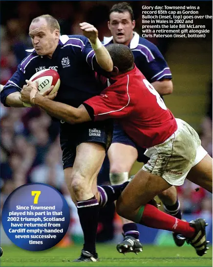  ??  ?? Glory day: Townsend wins a record 65th cap as Gordon Bulloch (inset, top) goes over the line in Wales in 2002 and presents the late Bill McLaren with a retirement gift alongside Chris Paterson (inset, bottom)