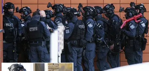  ??  ?? Police snipers, left, and counterter­rorism officers set to batter open a door at the college. Below, students are lead to safety