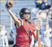  ?? Jim Franco / Special to the Times Union ?? RPI quarterbac­k George Marinopoul­os makes a pass during a game against the University of Rochester at RPI East Campus Stadium in 2019