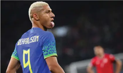 ?? ?? Brazil’s Richarliso­n celebrates scoring their second goal. Photograph: Anne-Christine Poujoulat/AFP/Getty Images