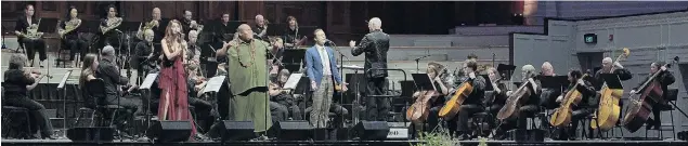  ?? PHOTOS: GERARD O’BRIEN ?? All stops out . . . Singers (from left) Molly Devine, Metitilani Alo and Anthonie Tonnon perform Water Undergroun­d with the Dunedin Symphony Orchestra in the ‘‘Tally Ho! 3’’ concert at the Dunedin Town Hall on Saturday night.