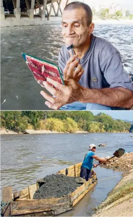  ?? FOTOS RÓBINSON SÁENZ ?? Mientras José Marín se afeita con agua del río, los hermanos Carlos y Arbey Vallejo laboran como areneros en un afluente que les ha dado el sustento para vivir.