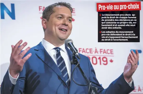  ?? PHOTO AGENCE QMI, JOËL LEMAY ?? Lors du Face-à-Face 2019 à TVA, mercredi (sur la photo), le chef conservate­ur Andrew Scheer n’a jamais voulu dire s’il était personnell­ement pour ou contre l’avortement. Ce n’est qu’hier, au Nouveau-Brunswick, qu’il a confirmé qu’il était pro-vie.