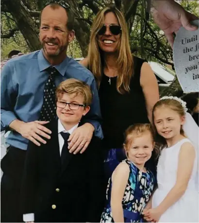  ?? ANGELA ROWLINGS PHOTOS / HERALD STAFF ?? NO ‘PLAN B’: Christophe­r and Colleen Leonard are seen with their children, Cameron, Sarah, and Shaelyn in a family photo. Bottom right, Colleen is seen with Cameron, 10, Sarah, 8, and Shaelyn, 10, at their home in Rockland, and Cameron holds a heart, top right, from his father’s memorial garden.