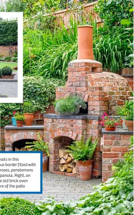  ?? ?? Pink prevails in this sumptuous border filled with knautia, roses, penstemons and campanula. Right, an attractive old brick oven is a feature of the patio