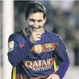  ??  ?? Barcelona’s Lionel Messi celebrates scoring against Rayo Vallecano.