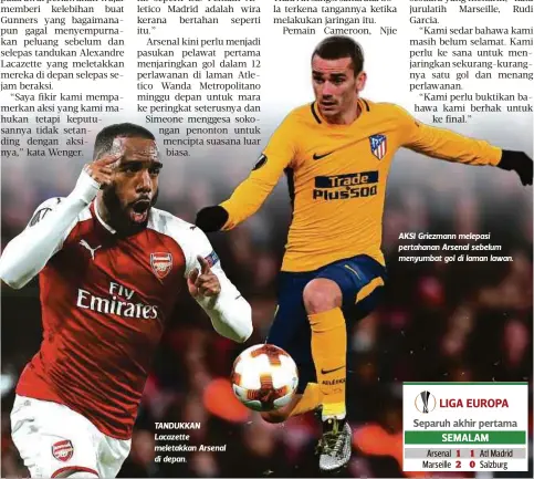  ??  ?? TANDUKKAN Lacazette meletakkan Arsenal di depan. AKSI Griezmann melepasi pertahanan Arsenal sebelum menyumbat gol di laman lawan.