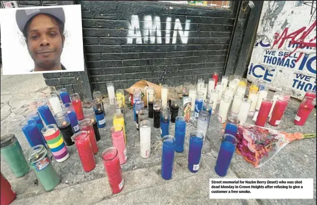  ?? ?? Street memorial for Nazim Berry (inset) who was shot dead Monday in Crown Heights after refusing to give a customer a free smoke.