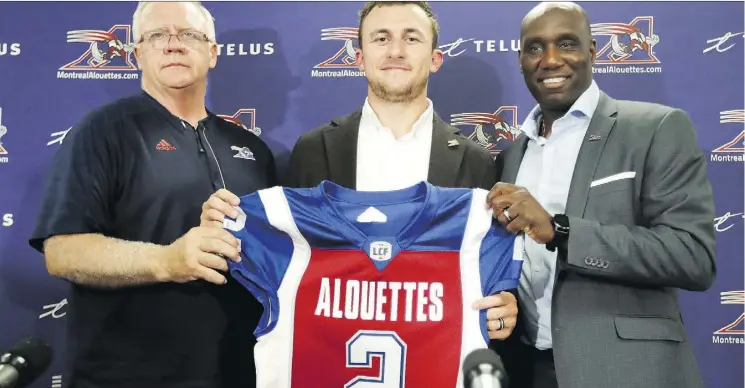  ?? JOHN MAHONEY ?? Als head coach Mike Sherman, left, says he’s eager to get QB Johnny Manziel up to speed after GM Kavis Reed acquired the former Heisman Trophy winner from the Ticats.