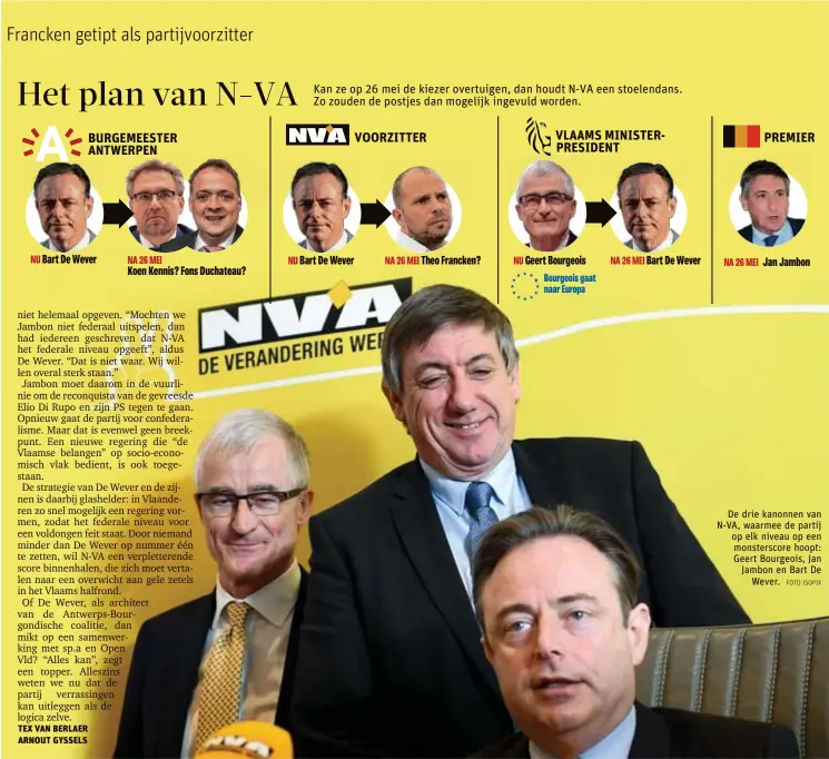  ?? FOTO ISOPIX ?? De drie kanonnen van N-VA, waarmee de partij op elk niveau op een monstersco­re hoopt: Geert Bourgeois, Jan Jambon en Bart DeWever.