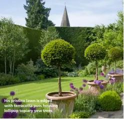  ??  ?? His pristine lawn is edged with terracotta pots housing lollipop topiary yew trees